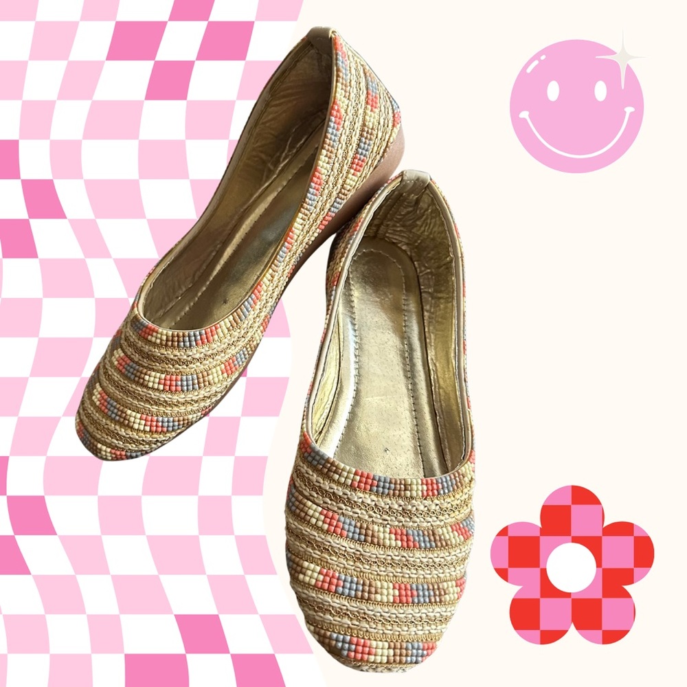 Y2K women's multi-color beaded ballet flats, slip-on bohemian S- 7.5 ballerinas